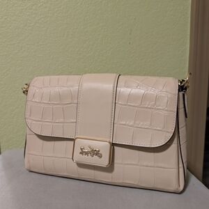 Coach Cream Croc-Embossed Shoulder Bag with Gold Hardware